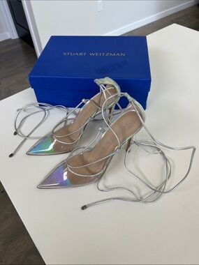 Stuart Weitzman silver clear iridescent patent pointed toe heel wrap ankle ankle